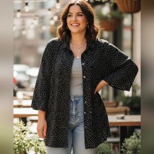 Claire France Black With White Dot Button Shirt With Ajustable Sleeve, Size 24